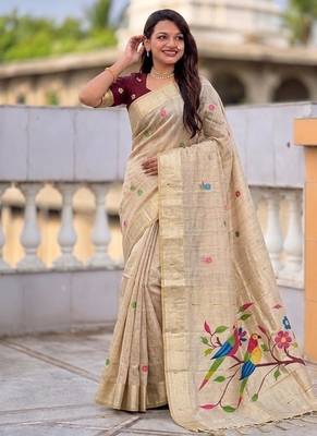 Cream cotton silk saree with traditional bird motifs pallu with blouse 5