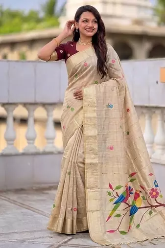 Cream cotton silk saree with traditional bird motifs pallu with blouse