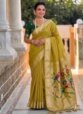 Light mehendi green cotton silk saree with traditional bird motifs pallu with blouse 1