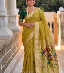 Light mehendi green cotton silk saree with traditional bird motifs pallu with blouse