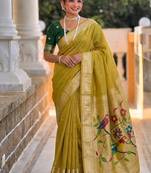 Light mehendi green cotton silk saree with traditional bird motifs pallu with blouse