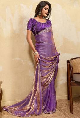 Purple metallic velvet satin cutdana-beads, sequins, zari work saree with blouse 3