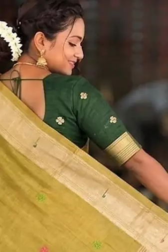 Light mehendi green cotton silk saree with traditional bird motifs pallu with blouse