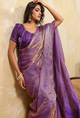 Purple metallic velvet satin cutdana-beads, sequins, zari work saree with blouse 4
