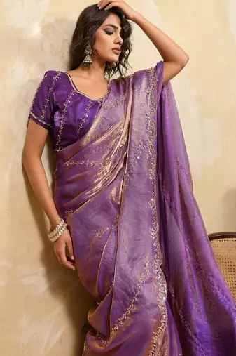 Purple metallic velvet satin cutdana-beads, sequins, zari work saree with blouse