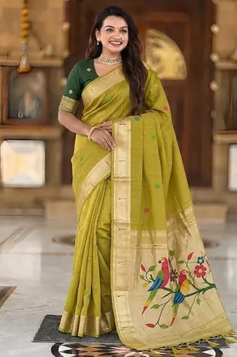Light mehendi green cotton silk saree with traditional bird motifs pallu with blouse