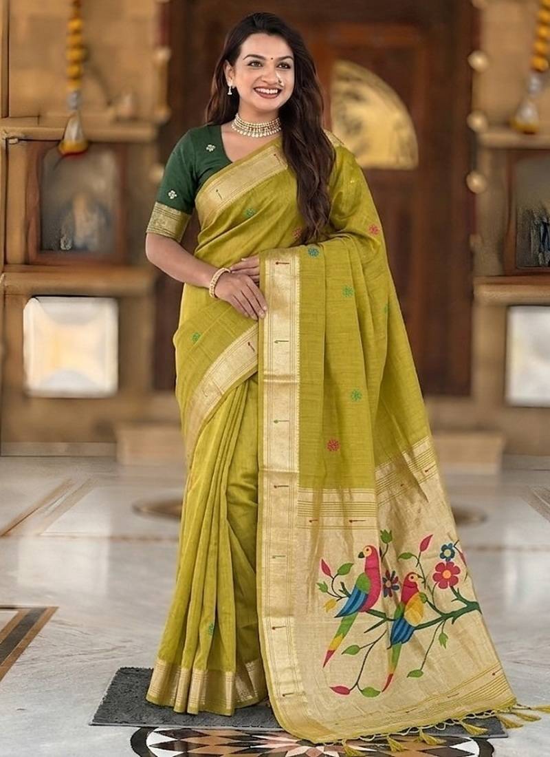 Light mehendi green cotton silk saree with traditional bird motifs pallu with blouse