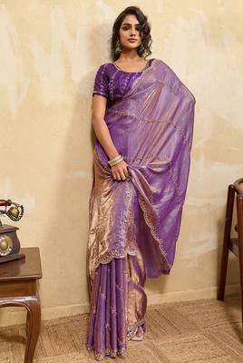 Purple metallic velvet satin cutdana-beads, sequins, zari work saree with blouse 5