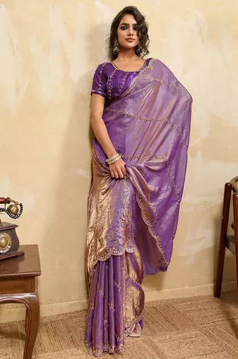 Purple metallic velvet satin cutdana-beads, sequins, zari work saree with blouse