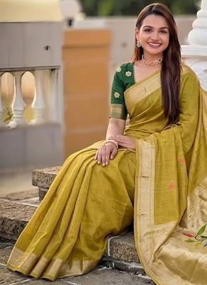 Light mehendi green cotton silk saree with traditional bird motifs pallu with blouse 4
