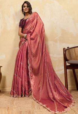 Rust red metallic velvet satin cutdana-beads, sequins, zari work saree with blouse 1