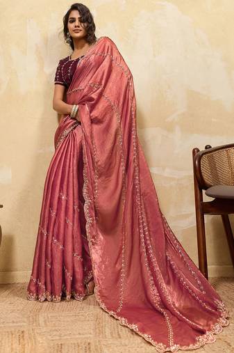 Rust red metallic velvet satin cutdana-beads, sequins, zari work saree with blouse