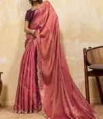 Rust red metallic velvet satin cutdana-beads, sequins, zari work saree with blouse
