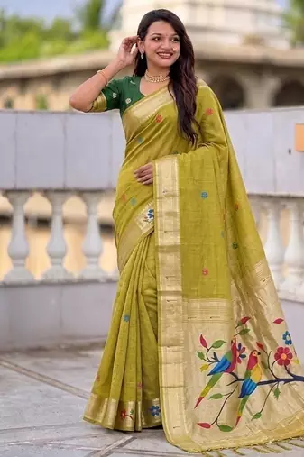 Light mehendi green cotton silk saree with traditional bird motifs pallu with blouse