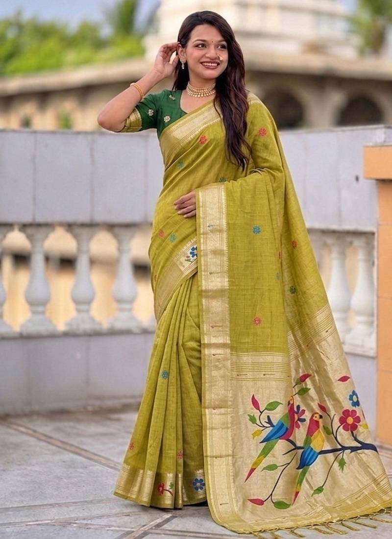 Light mehendi green cotton silk saree with traditional bird motifs pallu with blouse