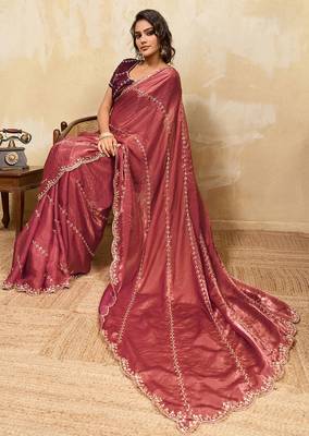 Rust red metallic velvet satin cutdana-beads, sequins, zari work saree with blouse 2
