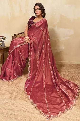 Rust red metallic velvet satin cutdana-beads, sequins, zari work saree with blouse