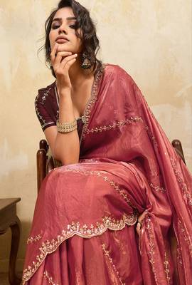 Rust red metallic velvet satin cutdana-beads, sequins, zari work saree with blouse 3