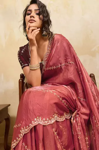 Rust red metallic velvet satin cutdana-beads, sequins, zari work saree with blouse