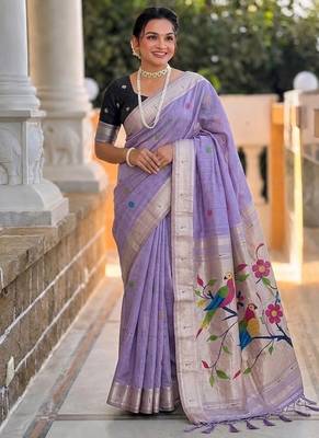 Lavender cotton silk saree with traditional bird motifs pallu with blouse 1