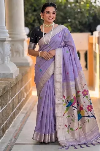 Lavender cotton silk saree with traditional bird motifs pallu with blouse