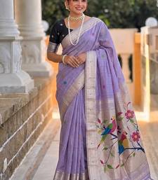 Lavender cotton silk saree with traditional bird motifs pallu with blouse