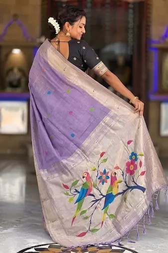 Lavender cotton silk saree with traditional bird motifs pallu with blouse