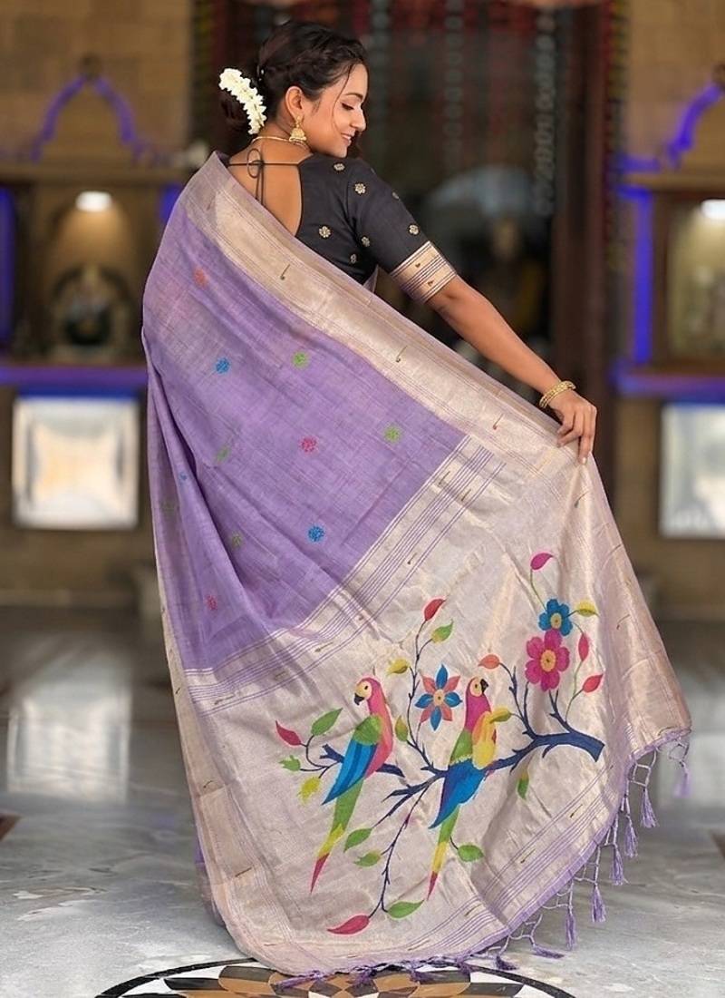 Lavender cotton silk saree with traditional bird motifs pallu with blouse