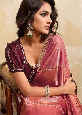 Rust red metallic velvet satin cutdana-beads, sequins, zari work saree with blouse 4