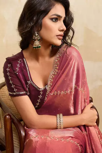 Rust red metallic velvet satin cutdana-beads, sequins, zari work saree with blouse