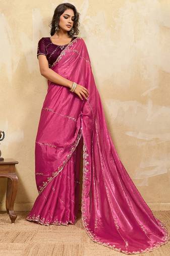 Rani pink metallic velvet satin cutdana-beads, sequins, zari work saree with blouse