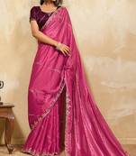 Rani pink metallic velvet satin cutdana-beads, sequins, zari work saree with blouse