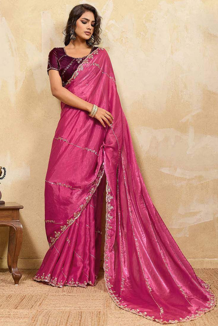 Rani pink metallic velvet satin cutdana-beads, sequins, zari work saree with blouse