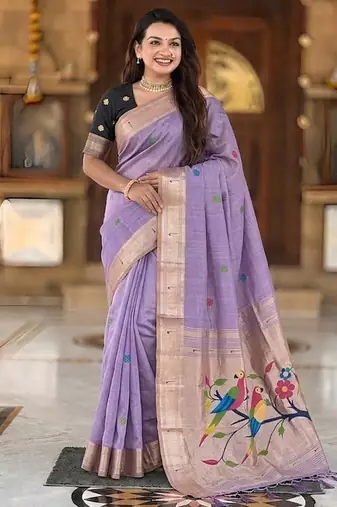 Lavender cotton silk saree with traditional bird motifs pallu with blouse