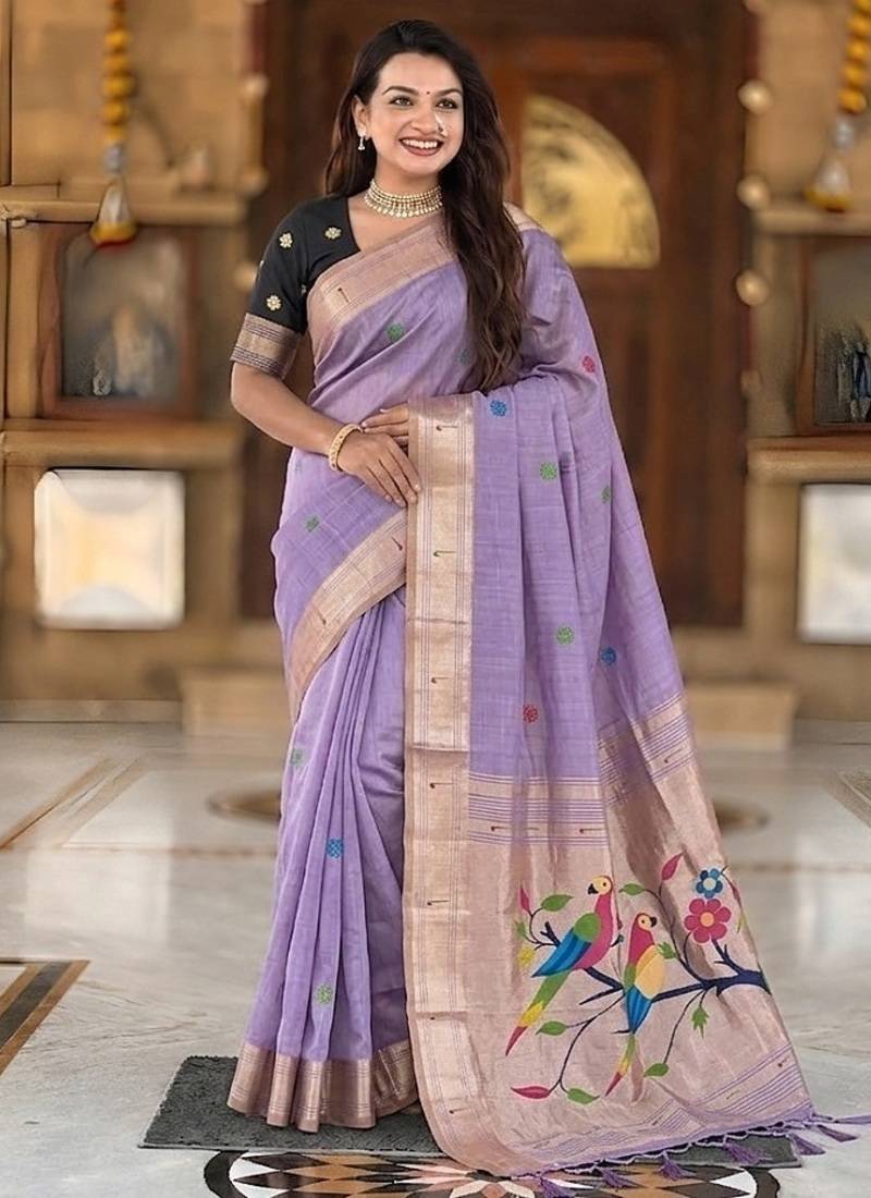 Lavender cotton silk saree with traditional bird motifs pallu with blouse