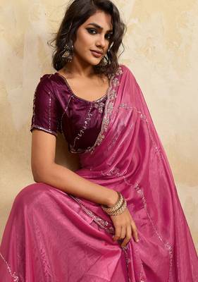 Rani pink metallic velvet satin cutdana-beads, sequins, zari work saree with blouse 2