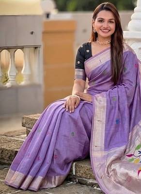 Lavender cotton silk saree with traditional bird motifs pallu with blouse 4