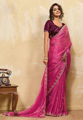 Rani pink metallic velvet satin cutdana-beads, sequins, zari work saree with blouse 3