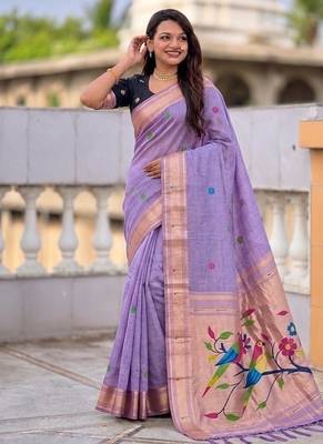 Lavender cotton silk saree with traditional bird motifs pallu with blouse 5