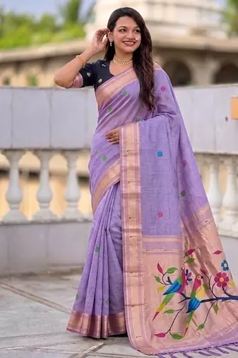 Lavender cotton silk saree with traditional bird motifs pallu with blouse