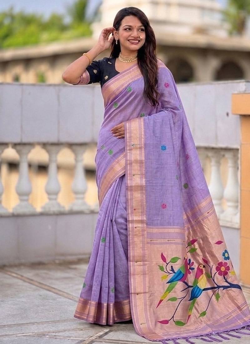 Lavender cotton silk saree with traditional bird motifs pallu with blouse