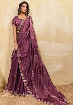 Mauve metallic velvet satin cutdana-beads, sequins, zari work saree with blouse 1
