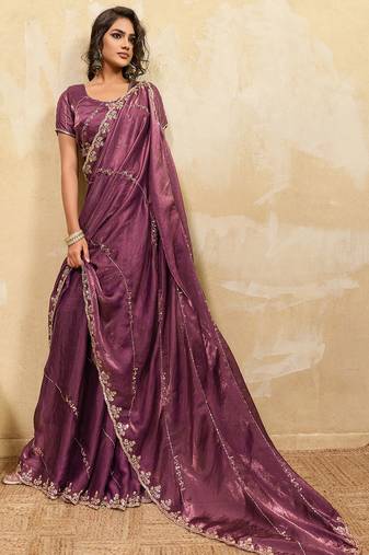 Mauve metallic velvet satin cutdana-beads, sequins, zari work saree with blouse