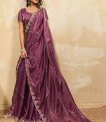 Mauve metallic velvet satin cutdana-beads, sequins, zari work saree with blouse