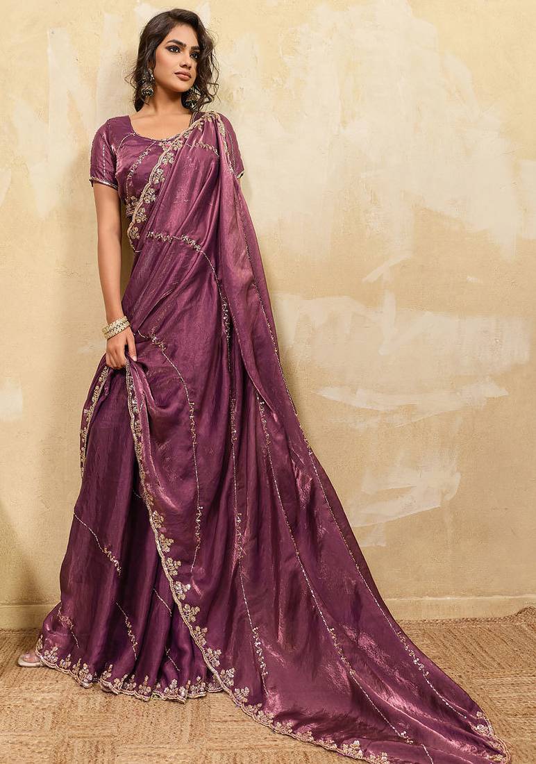 Mauve metallic velvet satin cutdana-beads, sequins, zari work saree with blouse