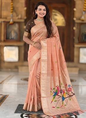 Peach cotton silk saree with traditional bird motifs pallu with blouse 1