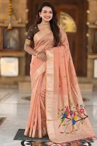Peach cotton silk saree with traditional bird motifs pallu with blouse