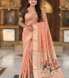 Peach cotton silk saree with traditional bird motifs pallu with blouse