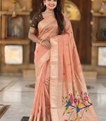 Peach cotton silk saree with traditional bird motifs pallu with blouse