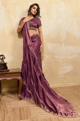 Mauve metallic velvet satin cutdana-beads, sequins, zari work saree with blouse 2